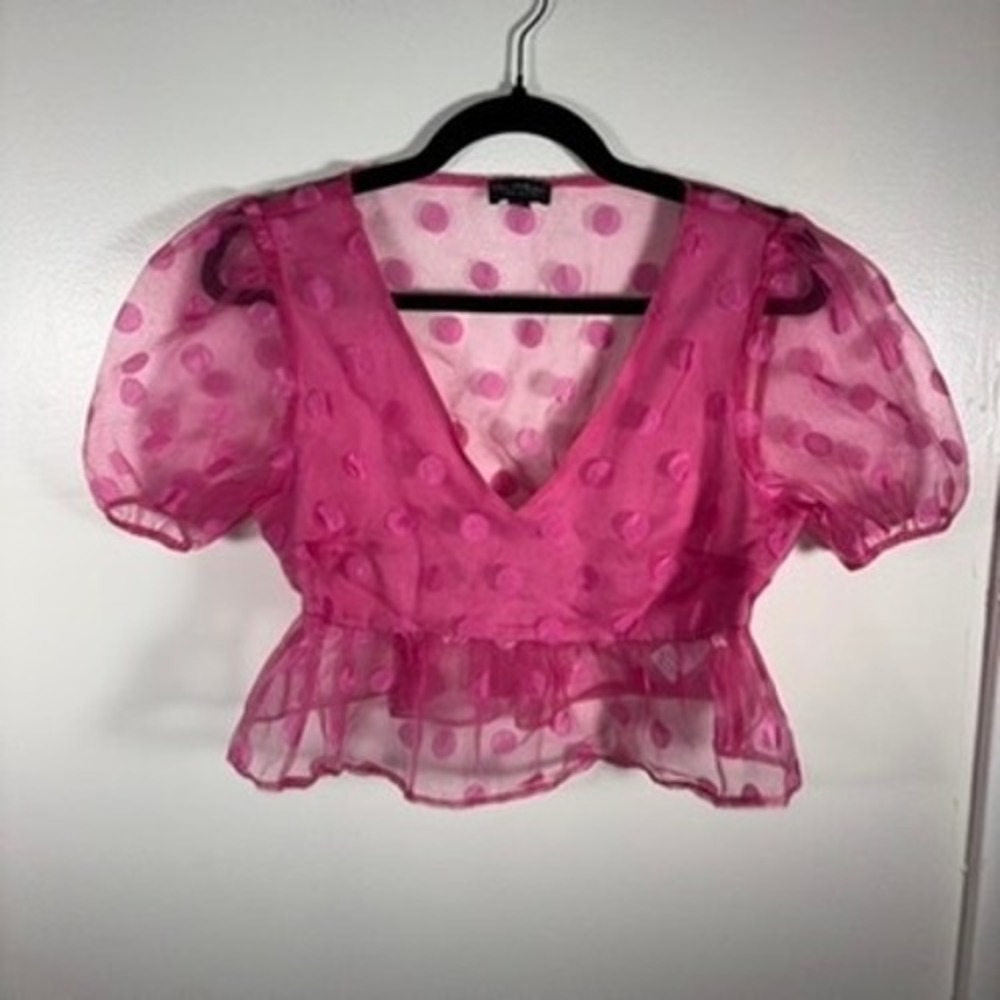 Miss Selfridge Peplum Top Sz S Pink Sheer Polka Dot V-Neck Blouse Barbie Crop